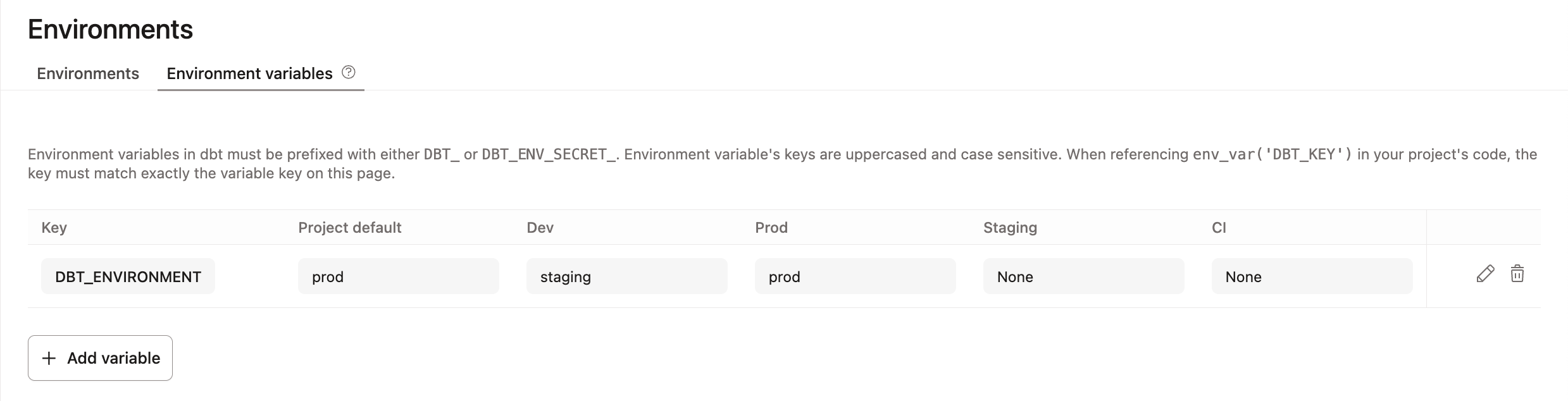 Setting project level and environment level values